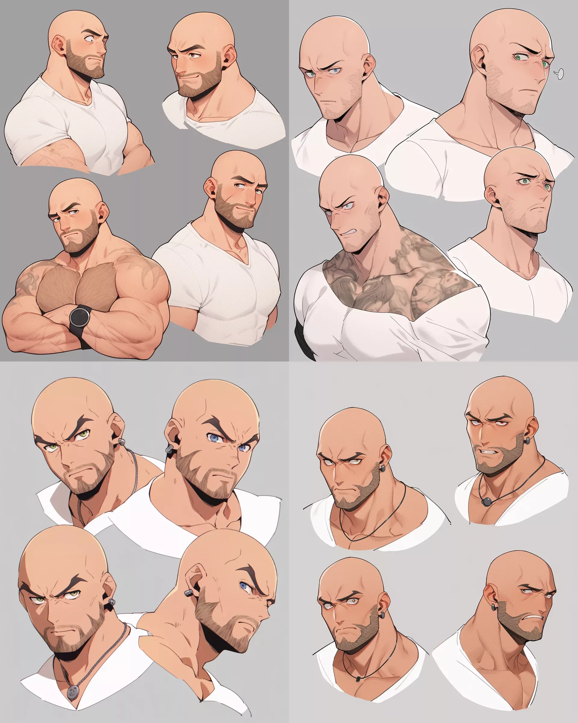 Muscle Guy, reference grid, a muscular bald man with a bit of stubble and piercing eyes