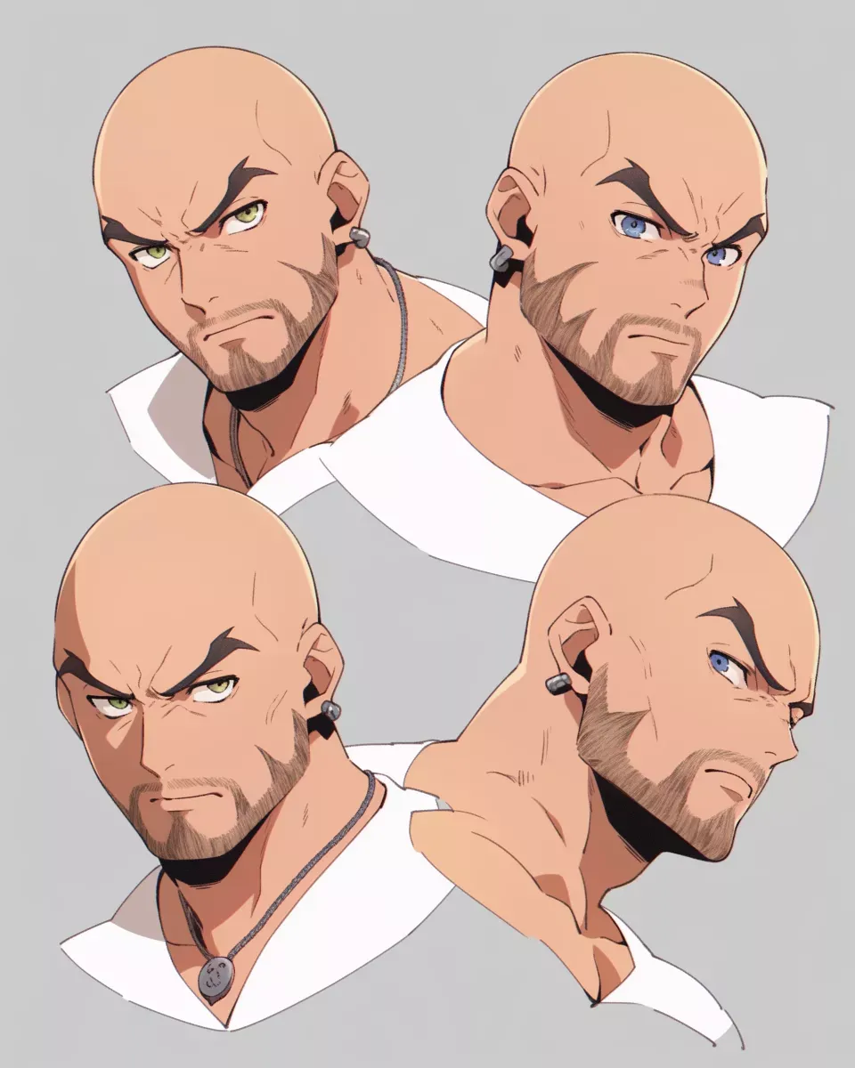 Muscle Guy, first reference image, a muscular bald man with a bit of stubble and piercing eyes