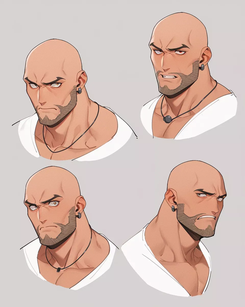 Muscle Guy, second reference image, a muscular bald man with a bit of stubble and piercing eyes